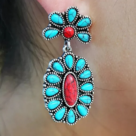 Turquoise Earrings. Western Country Cowgirl Cowboy Horse Rodeo Festival Flower - Picture 4 of 11
